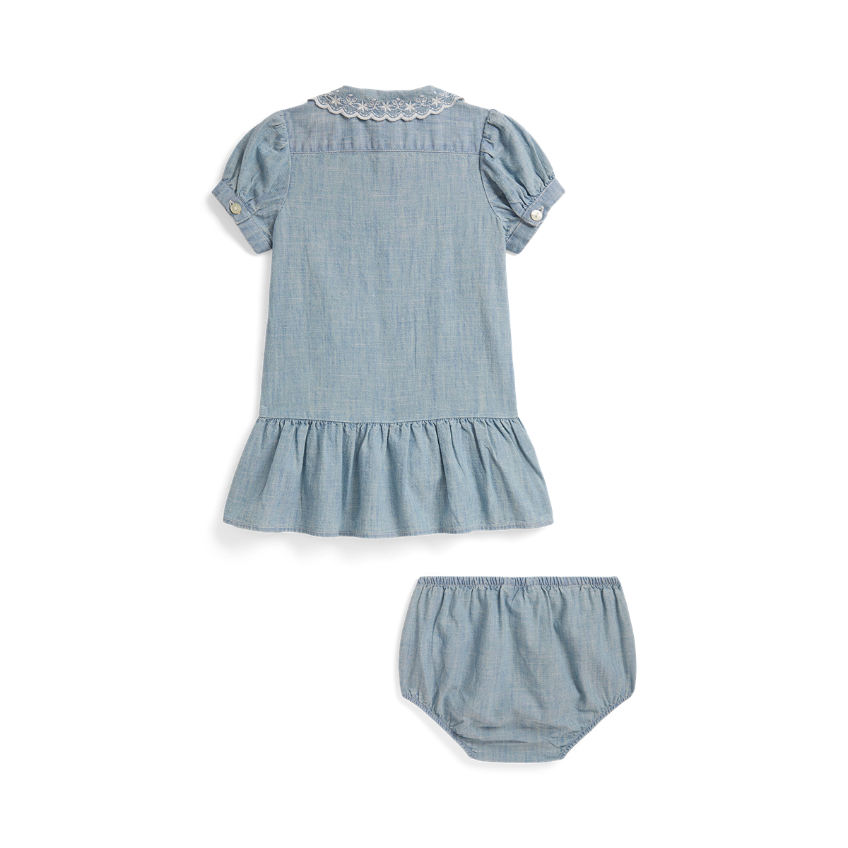 Ralph Lauren Short-Sleeve Chambray Collared Peplum Dress w/Ruffle Hem