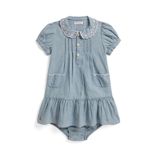 Ralph Lauren Short-Sleeve Chambray Collared Peplum Dress w/Ruffle Hem