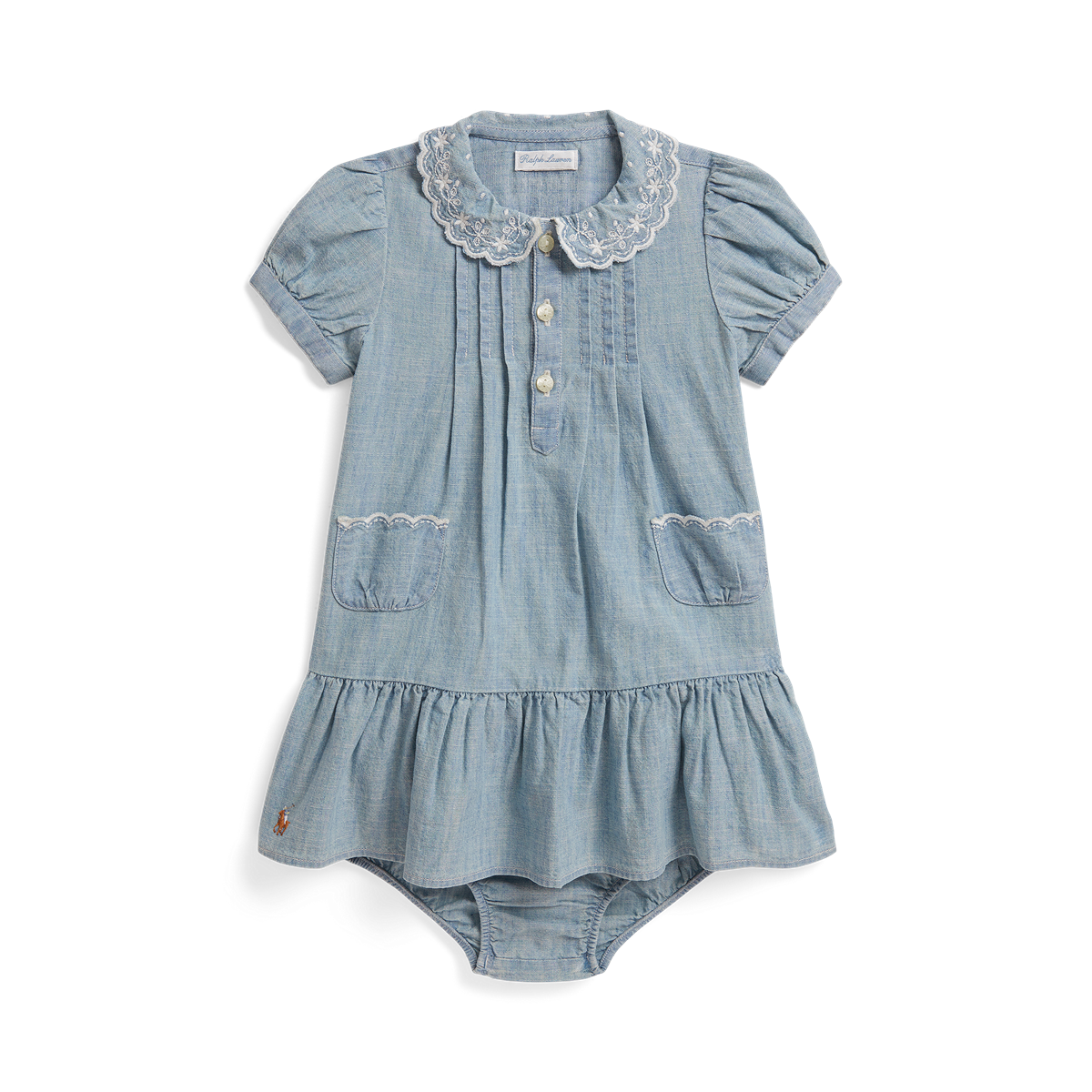 Ralph Lauren Short-Sleeve Chambray Collared Peplum Dress w/Ruffle Hem