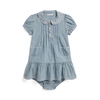 Ralph Lauren Short-Sleeve Chambray Collared Peplum Dress w/Ruffle Hem