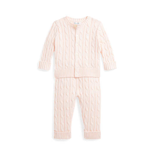 Cable-Knit Cotton Cardigan & Pant Set | Morning Pink