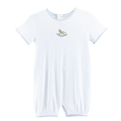 Cute Rocking Horse Romper w/ Blue Crochet Trim