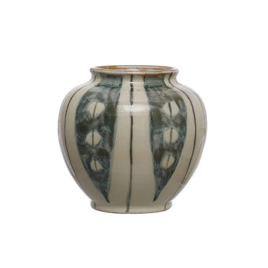 Hand-Painted Stoneware Vase w/ Stripes | Reactive Glaze