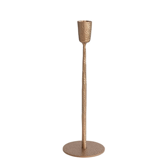 Hand-Forged Hammered Metal Taper Candle Holder, Antique Gold Finish - 11"H