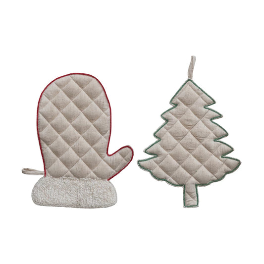 Quilted & Linen Mitten/Tree Shaped Pot Holder | 2 Styles