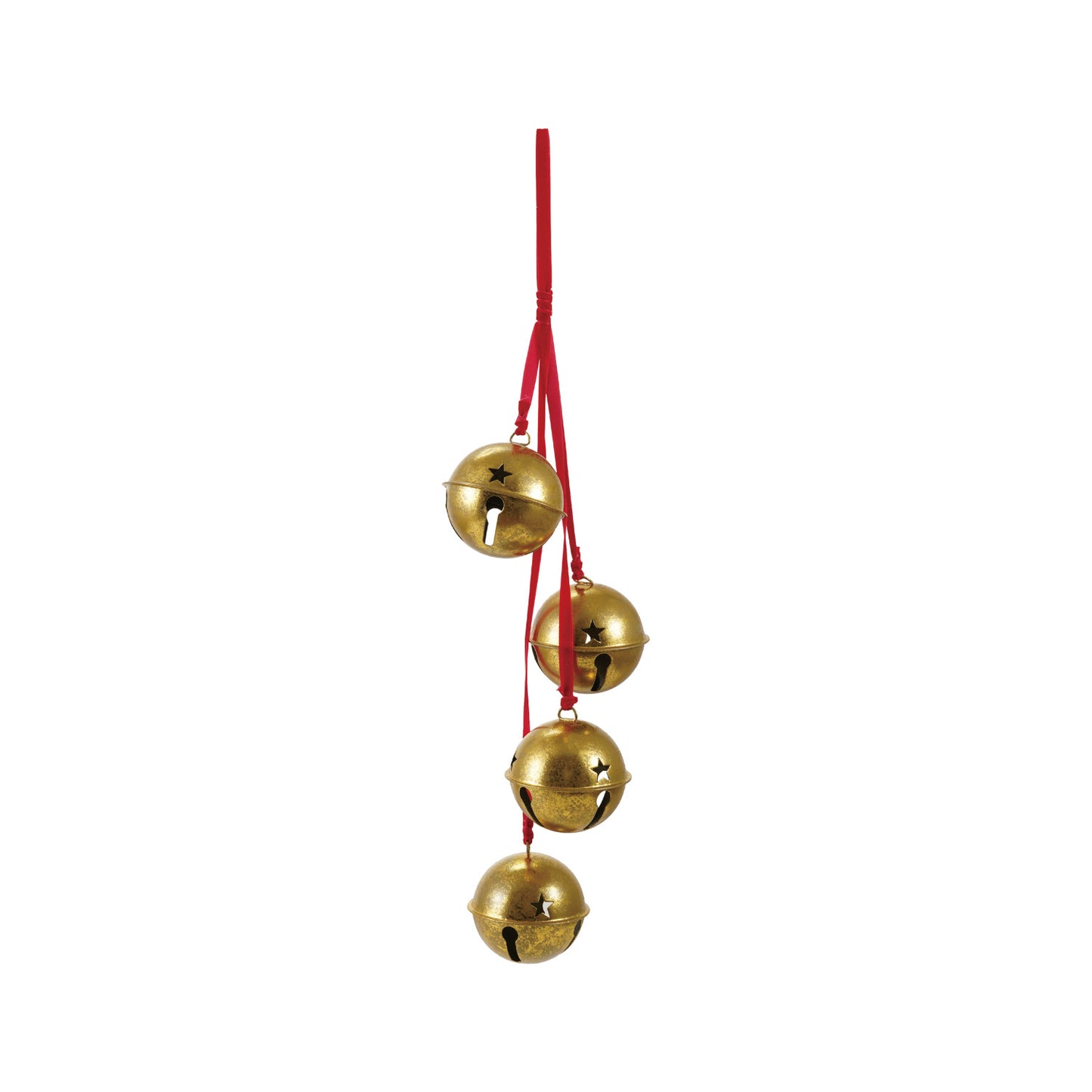Hanging Metal Bells on Velvet Ribbon | Gold Finish & Red