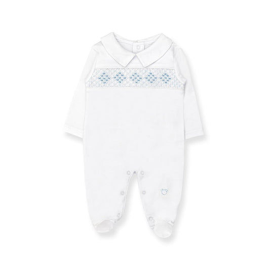 Hand Smocked Pima Footie Playsuit | White + Blue