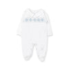 Hand Smocked Pima Footie Playsuit | White + Blue