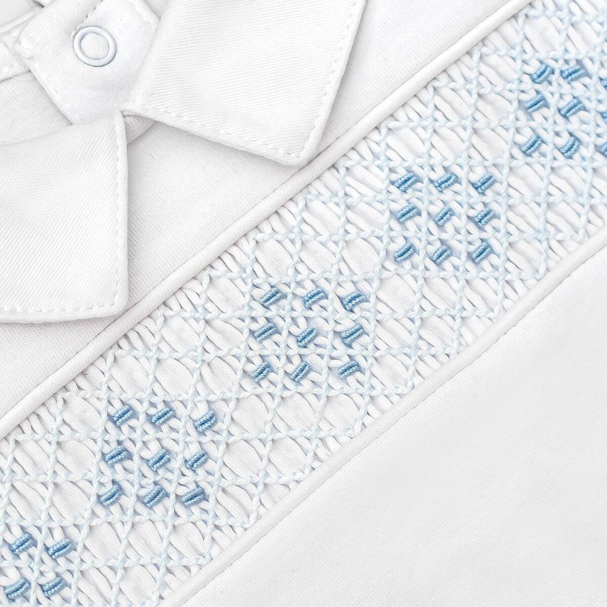Hand Smocked Pima Footie Playsuit | White + Blue