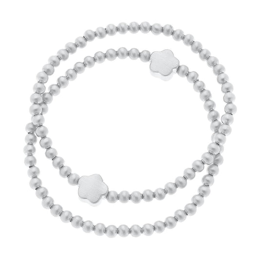 Isa Flower Ball Bead Stretch Bracelets (S/2) | Satin Silver