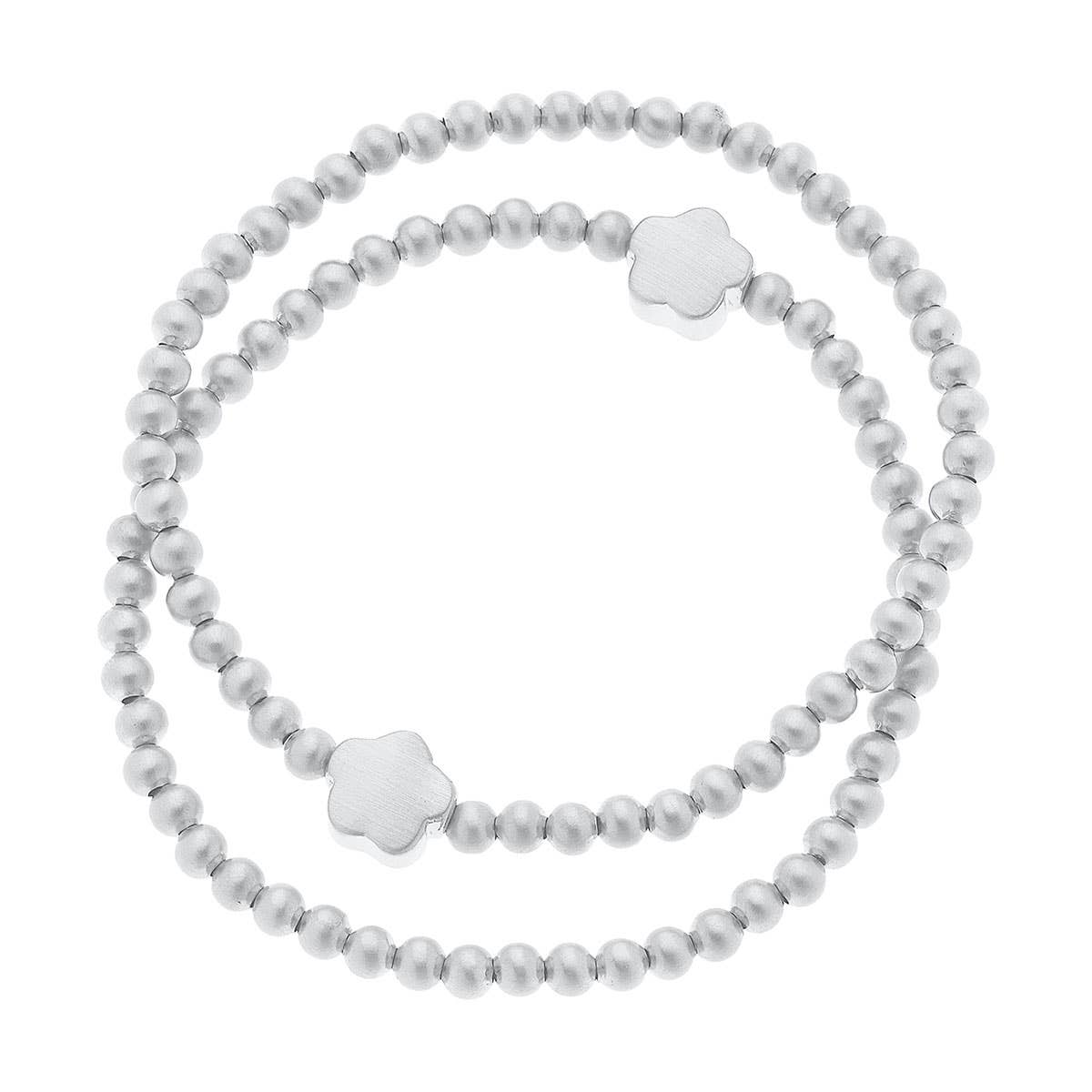 Isa Flower Ball Bead Stretch Bracelets (S/2) | Satin Silver