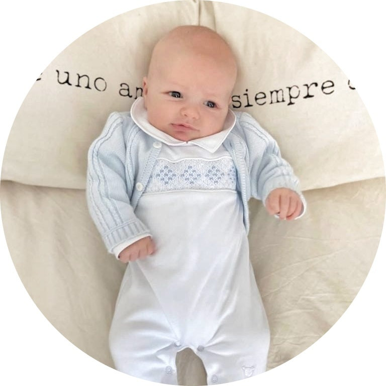 Hand Smocked Pima Footie Playsuit | White + Blue
