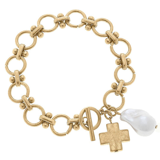 Edith Square Cross Charm T-Bar Bracelet in Worn Gold