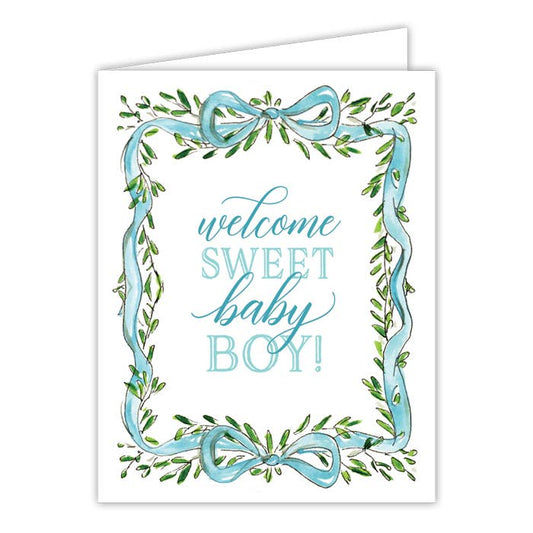 Welcome Sweet Baby Boy Greenery Crest Greeting Card