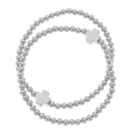 Isa Cross Ball Bead Stretch Bracelets (S/2) | Satin Silver