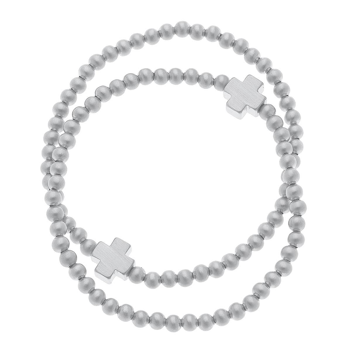 Isa Cross Ball Bead Stretch Bracelets (S/2) | Satin Silver