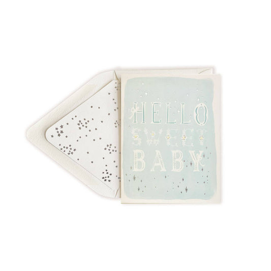 Hello Sweet Baby Blue w Silver Letters Baby Greeting Card
