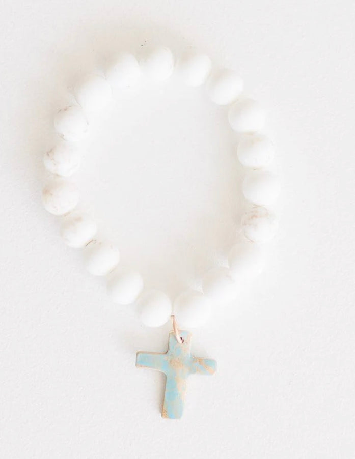 Rennie | 10mm White Turquoise, Verdi Cross Charm 7"