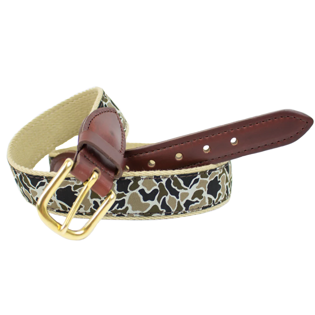 Cotton Web Belt with Leather Tabs | Green Camo on Khaki