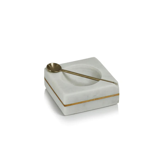 White Marble Square Salt & Pepper Bowl with Gold Spoon