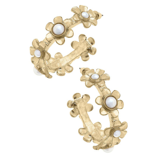 Mia Floral Hoop Earrings in Worn Gold