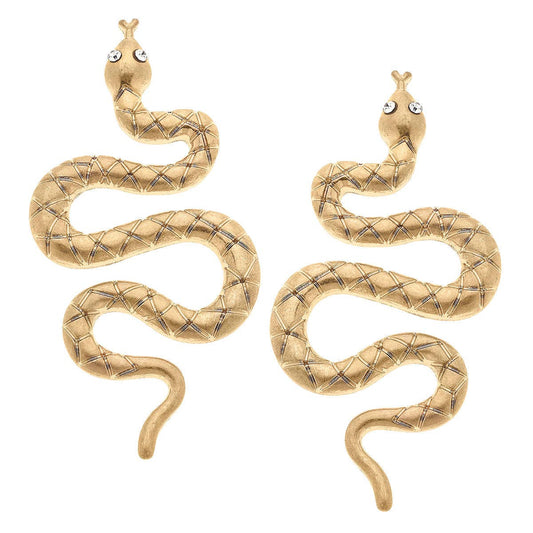 Rosalie Snake Drop Earrings in Worn Gold