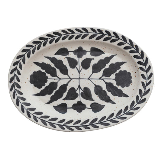 Hand-Painted Stoneware Platter w/ Floral Design| Matte Black & Cream Color Speckled