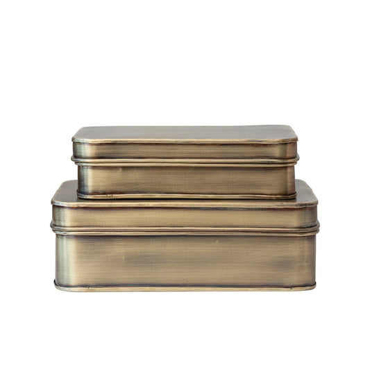 S/2 Metal Boxes, Antique Brass Finish