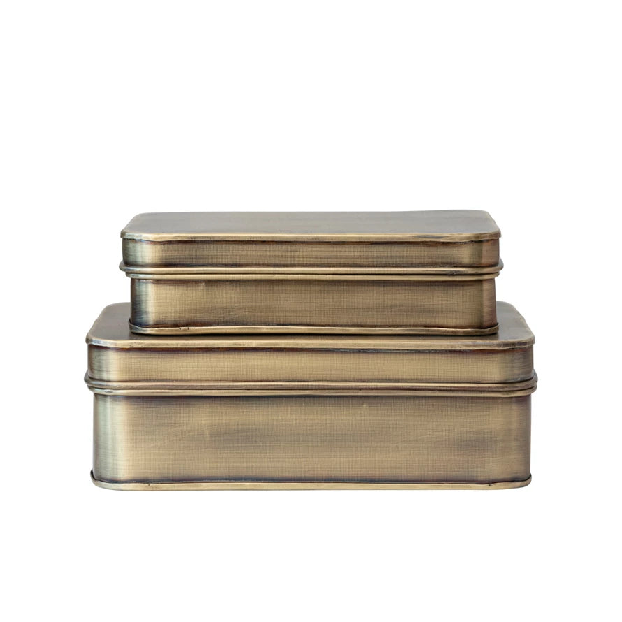 S/2 Metal Boxes, Antique Brass Finish