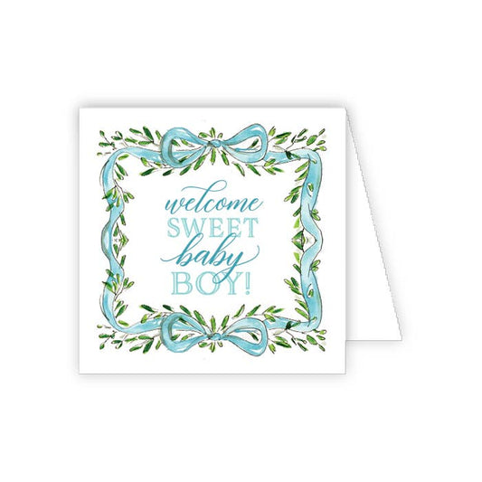 Handpainted Blue Ribbon with Greenery Crest Enclosure Card