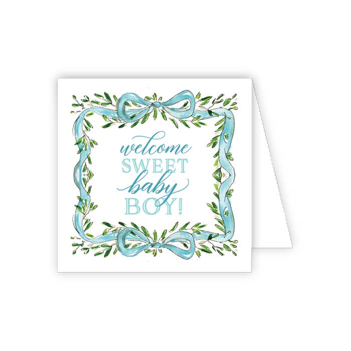 Handpainted Blue Ribbon with Greenery Crest Enclosure Card