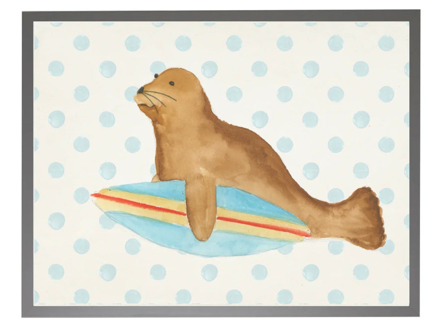 Watercolor Seal w/ Surfboard w/ Geometric Background